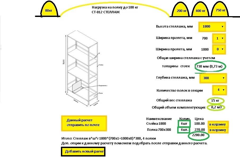 создать калькуляторы стеллажей